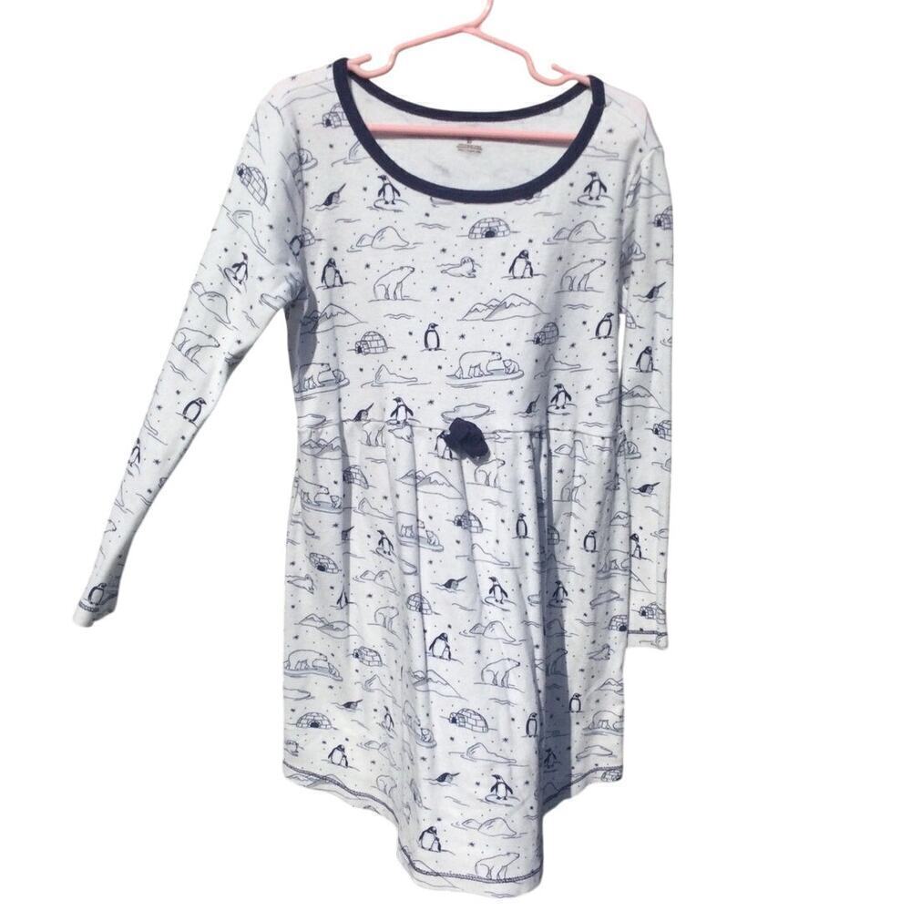 Touched By Nature Girls Dress Size 8 8Y Organic Cotton White Blue Penguin Igloo